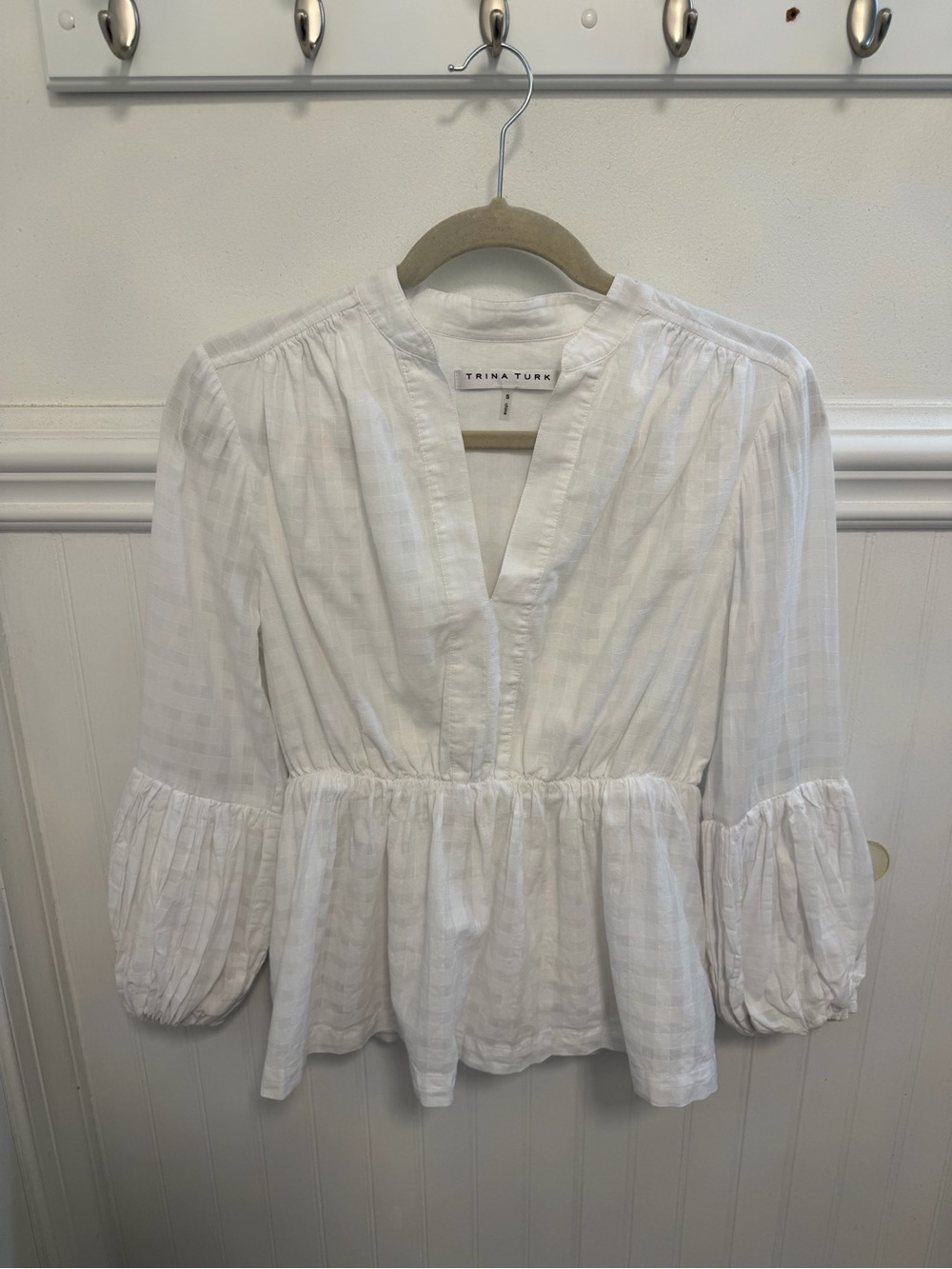 Trina Turk White Split-Neck Peplum Blouse